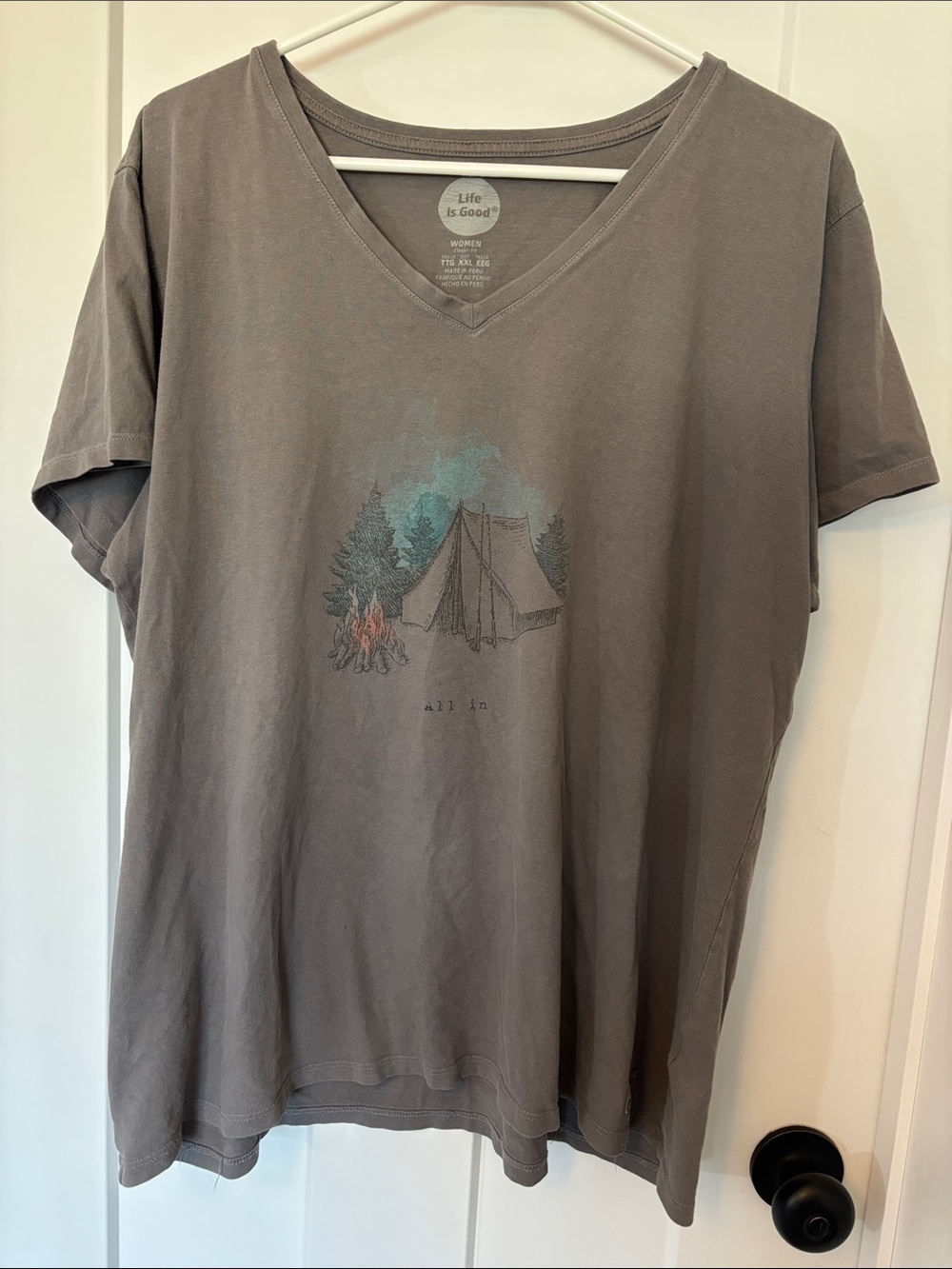 Life Is Good Women’s ‘All In’ Short Sleeve Tee - Gray with Camping Graphic